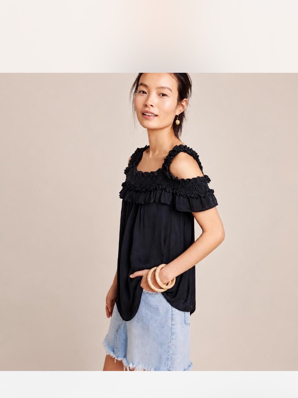 Anthropologie Smocked Ruffle Cold-Shoulder Women’s Top in Black
